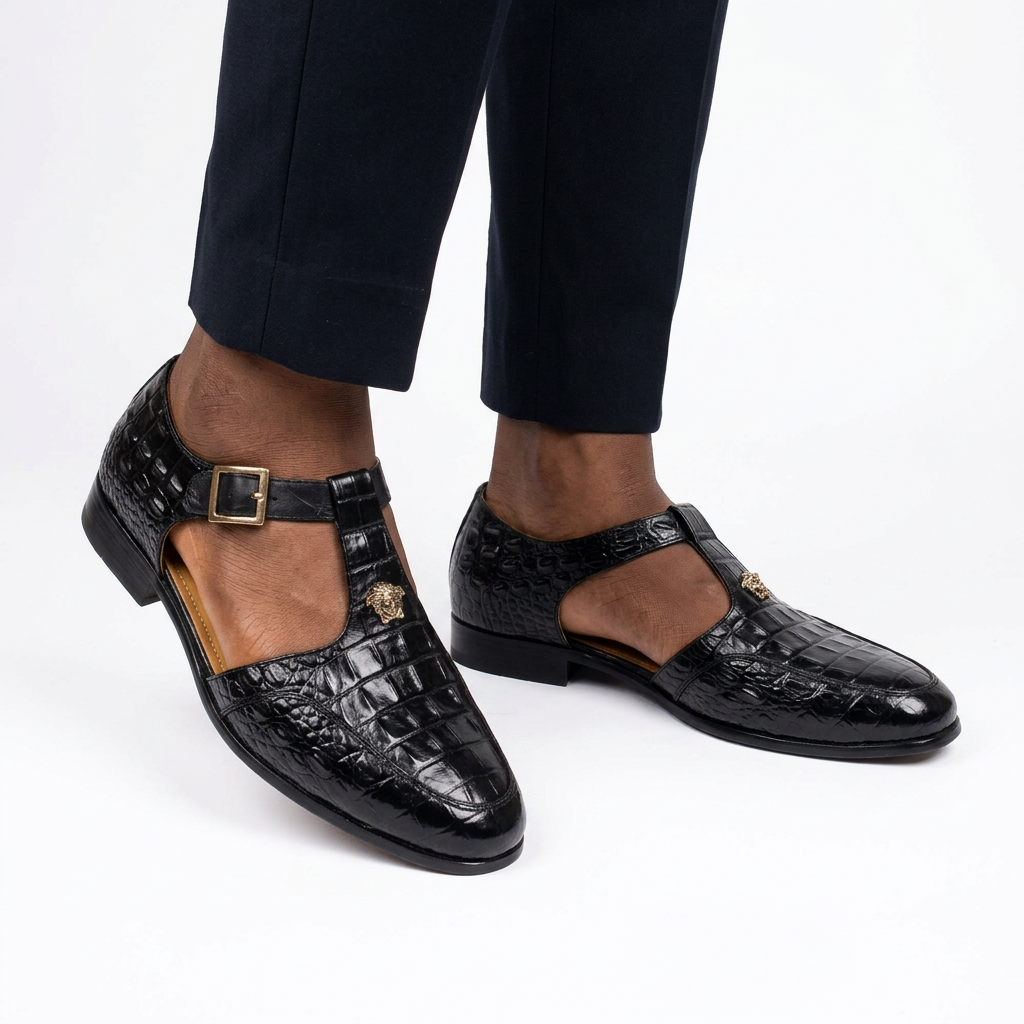 Both black croc-textured closed-toe sandals worn by a Black male model