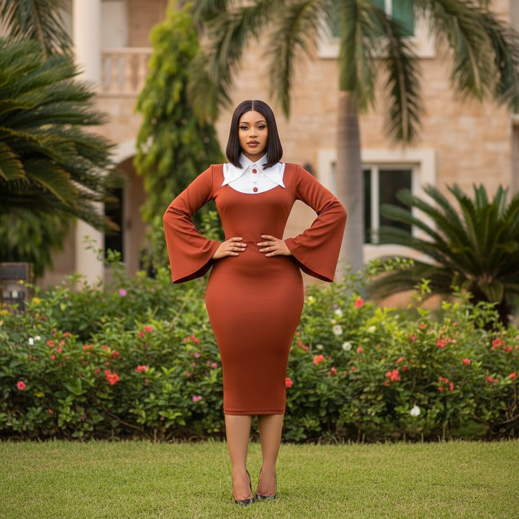 Nigerian female model wearing women's rust terracotta bell sleeve white collar bodycon midi dress