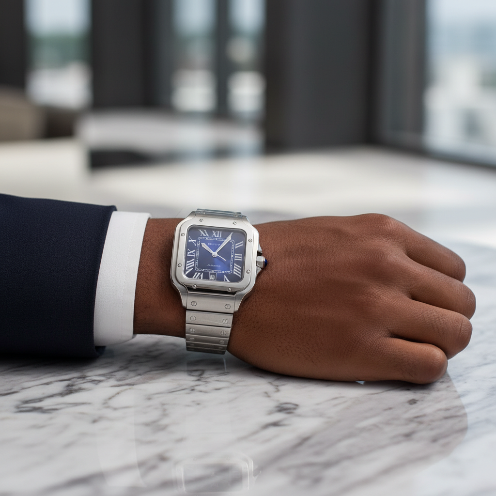 Nigerian man wrist shot wearing Santos navy blue dial stainless steel bracelet watch