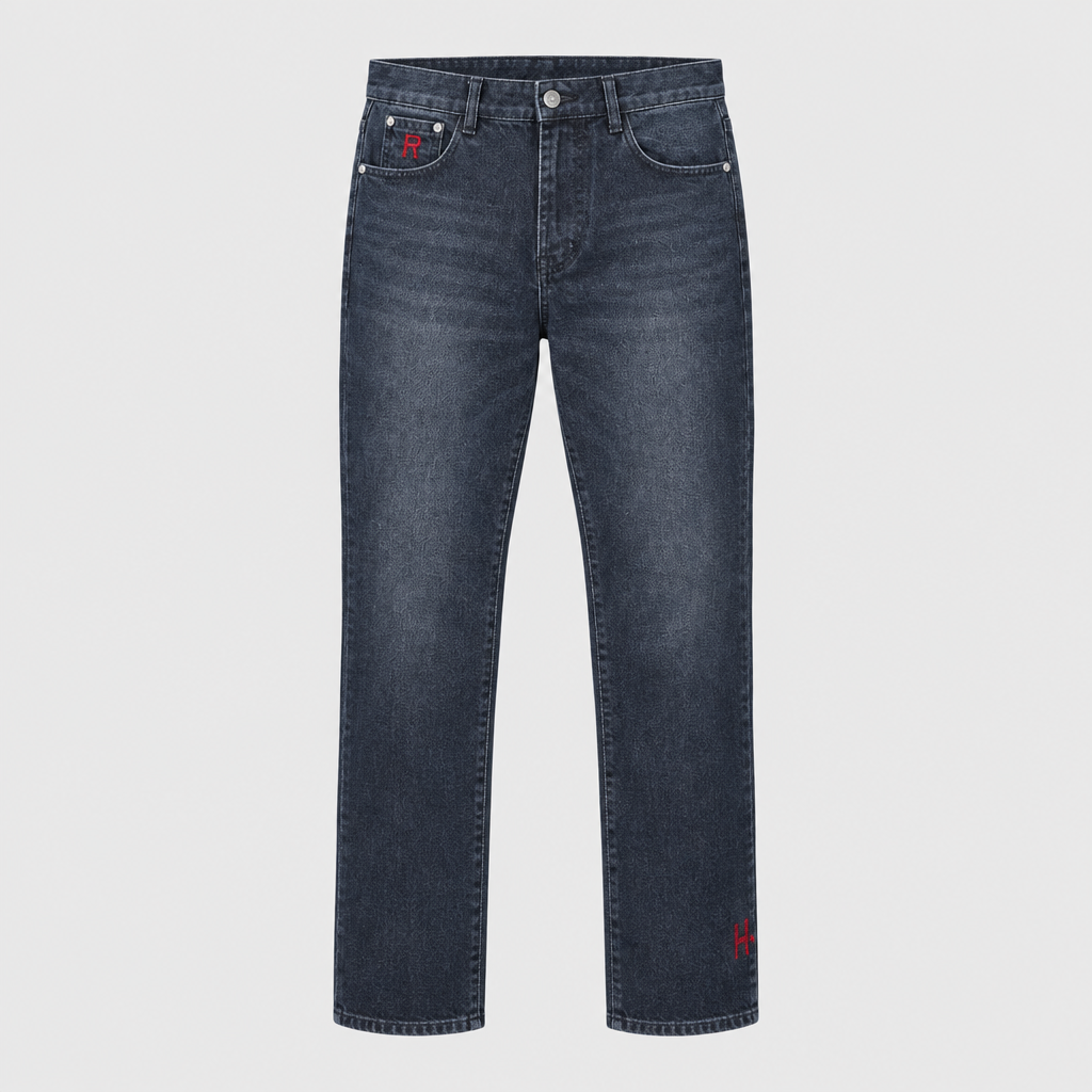 Dark charcoal-blue straight jeans with two small red stitched accents