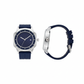 Blue dial wristwatch with a silver-tone case shown from the front and side