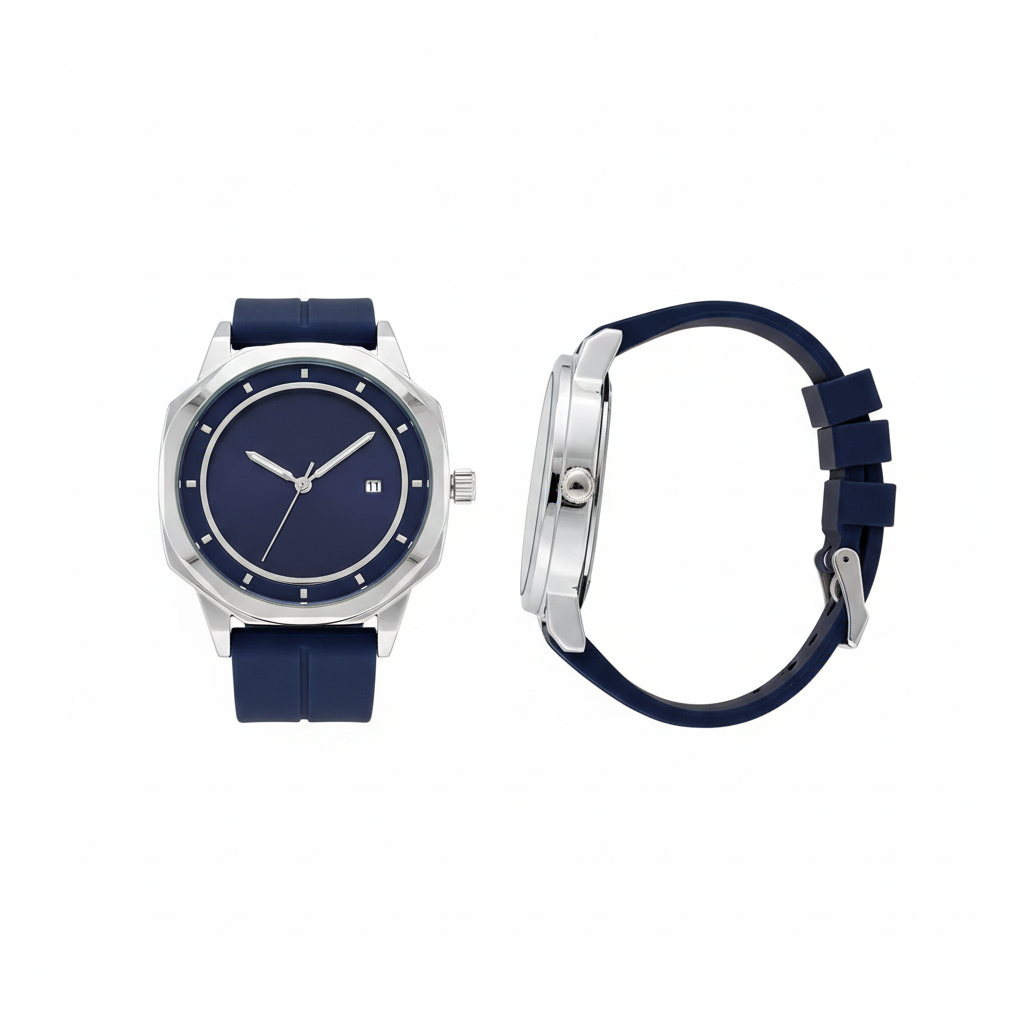 Blue dial wristwatch with a silver-tone case shown from the front and side