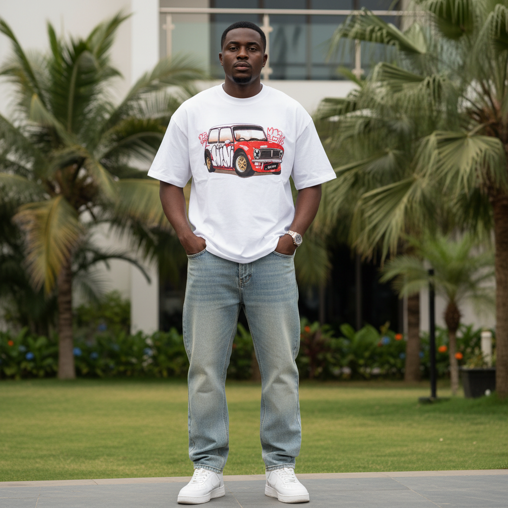 Nigerian male model wearing white rally car graphic oversized tee – front view
