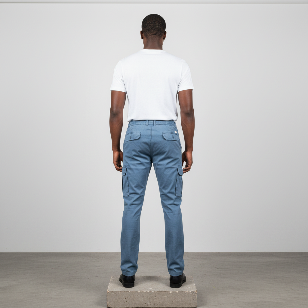 Steel Blue Cargo Trousers - Model Back View