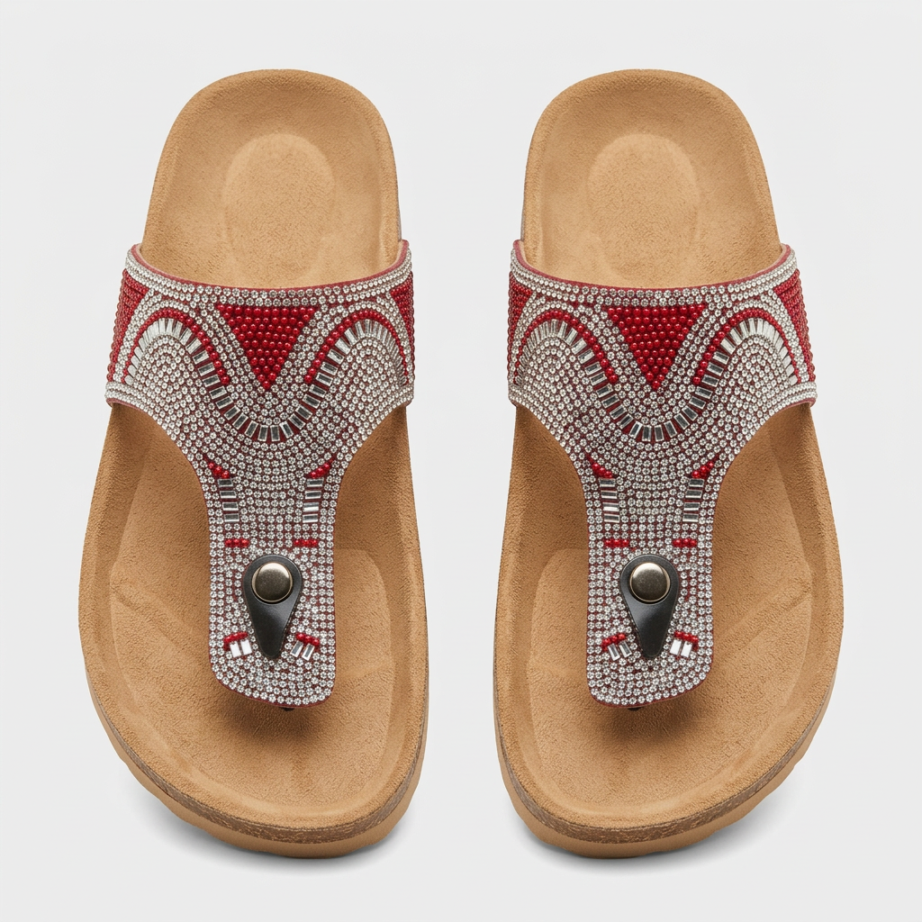 Women's silver rhinestone and red bead slide sandals, front view