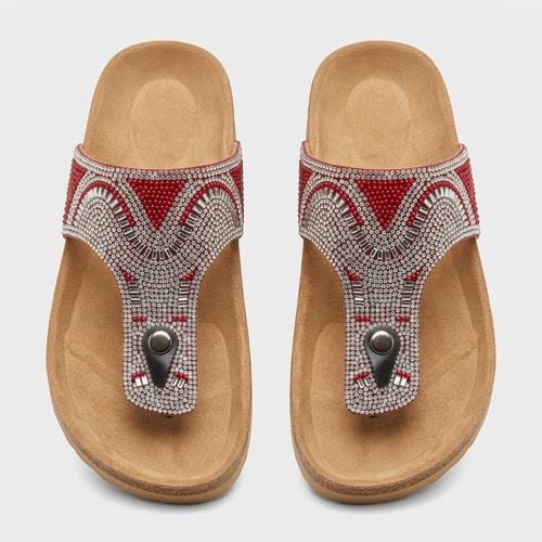 Women's silver rhinestone and red bead slide sandals, front view