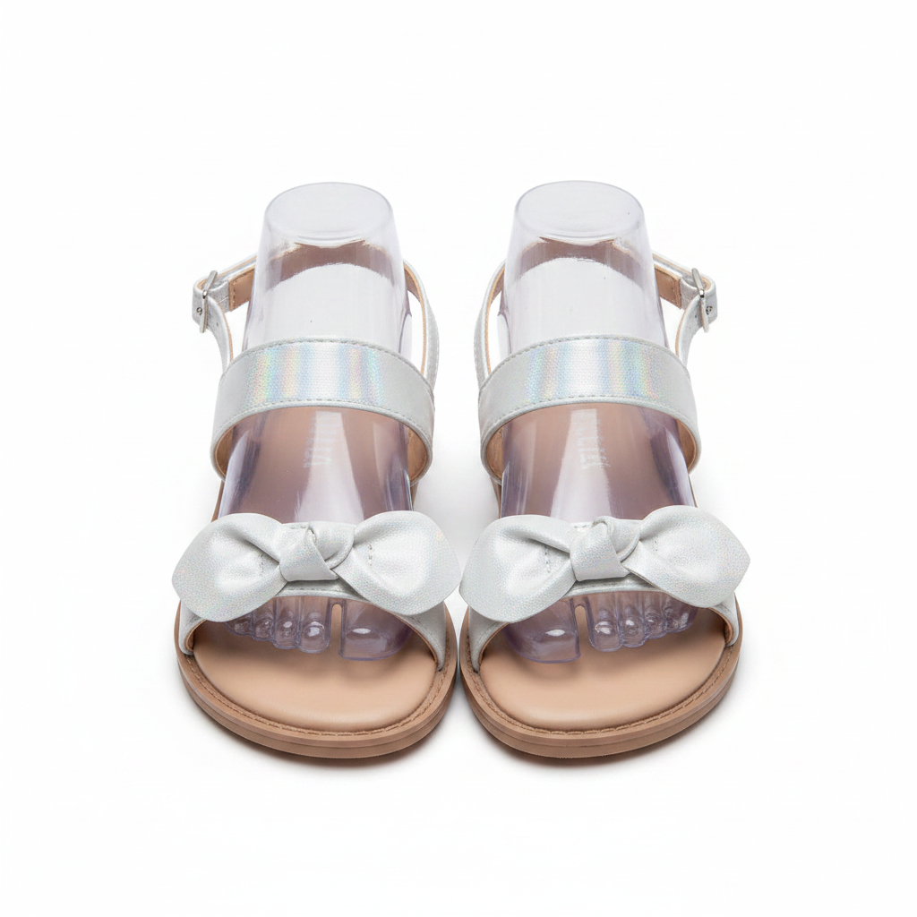 Girls' silver iridescent knotted bow sandals ghost mannequin pair view