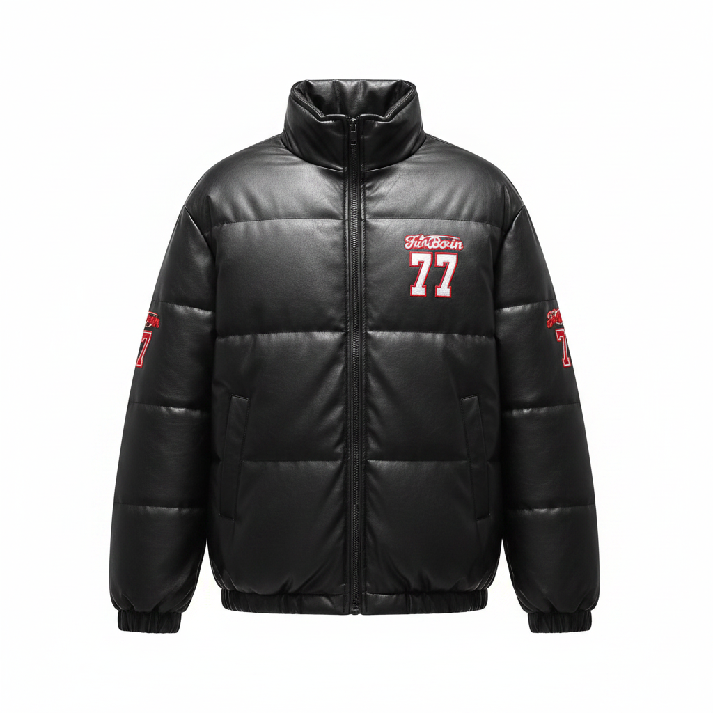 Men's Black Faux Leather Varsity Padded Puffer Jacket – Ghost Mannequin Front View