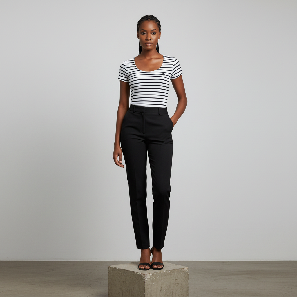 Nigerian female model wearing white and black stripe fitted top