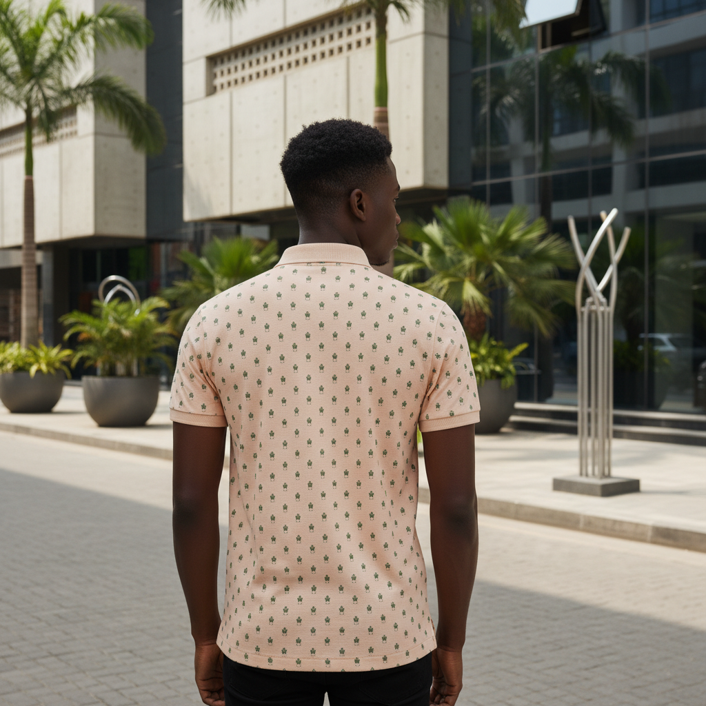 Young Nigerian male model wearing peach print polo shirt, back view, Nigerian urban background