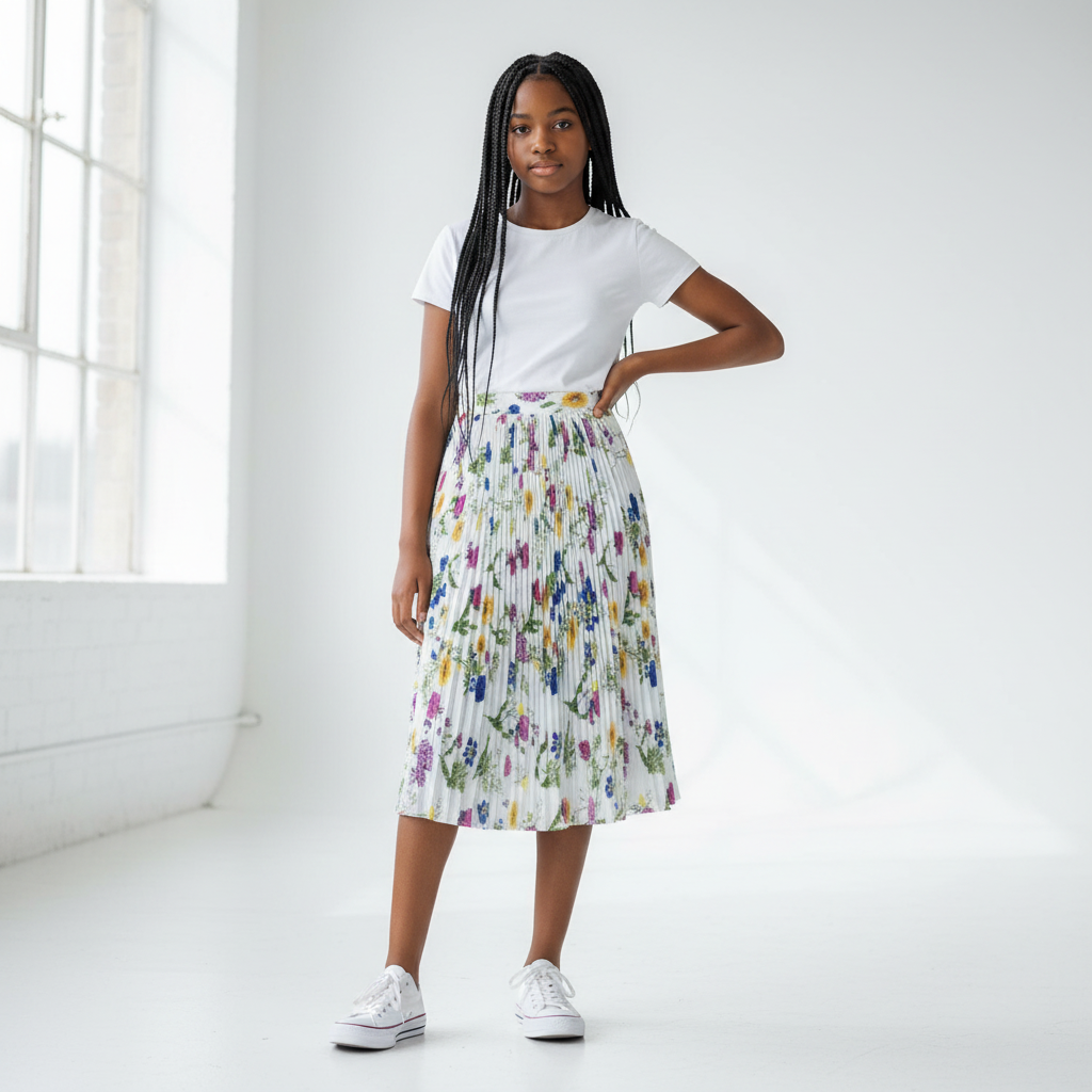 Nigerian teenage girl wearing white multicolour floral pleated midi skirt