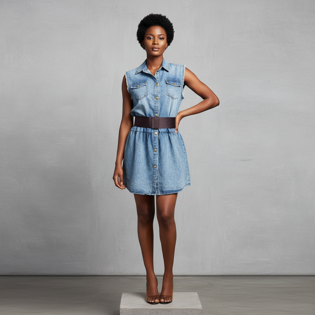 Light Blue Denim Sleeveless Shirt Dress - Model Front