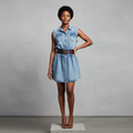 Light Blue Denim Sleeveless Shirt Dress - Model Front
