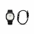 Black wristwatch with white dial shown from the front and side