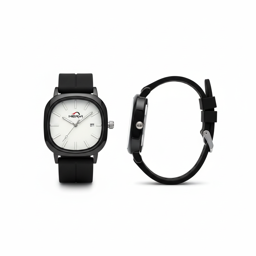 Black wristwatch with white dial shown from the front and side