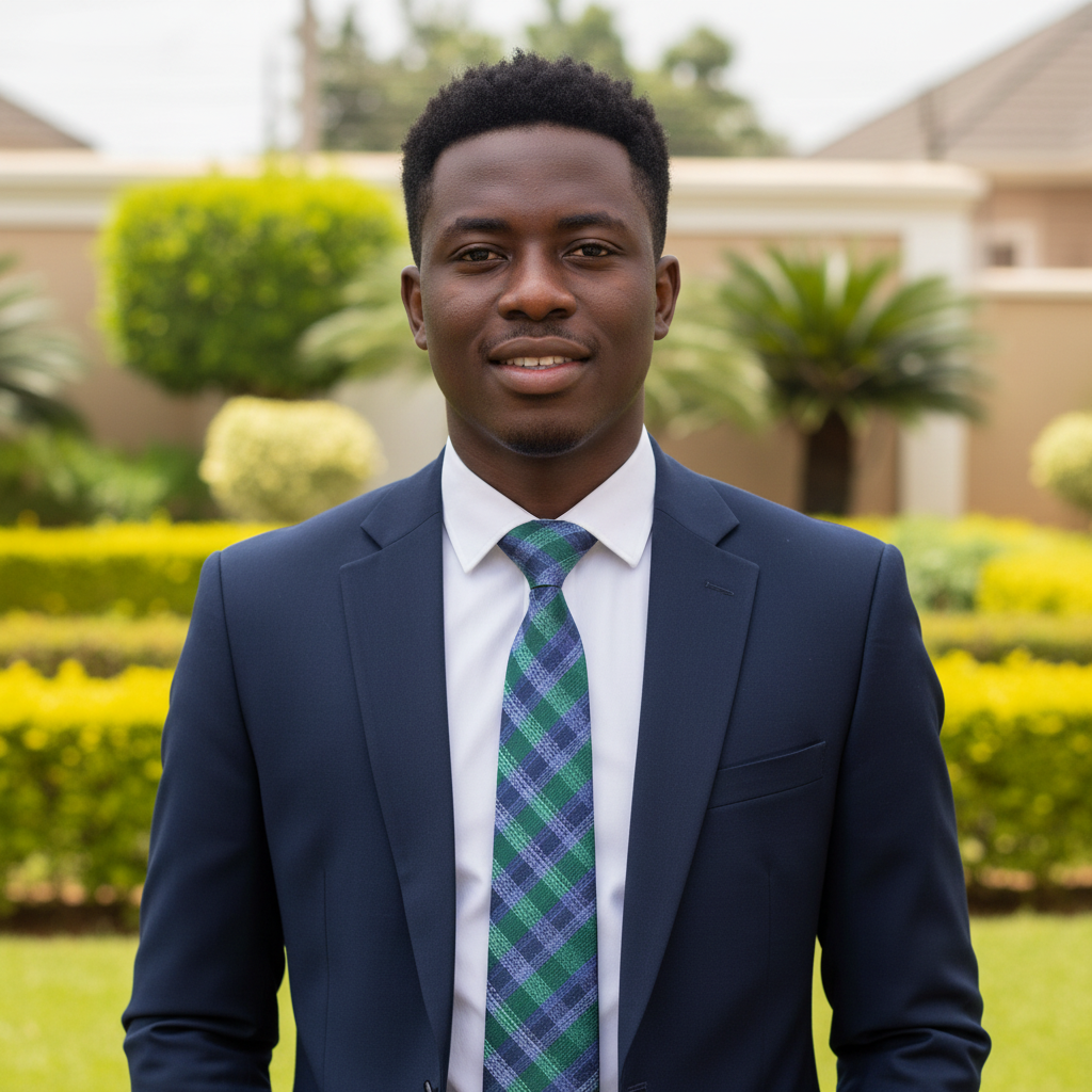 Nigerian male model wearing green and navy blue diagonal stripe plaid woven necktie with white shirt and navy suit