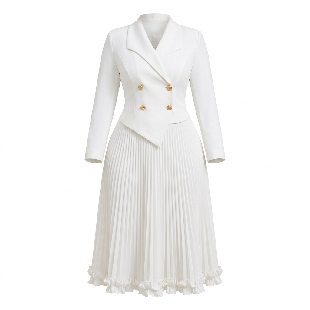 White asymmetric-lapel pleated midi gown on an invisible mannequin
