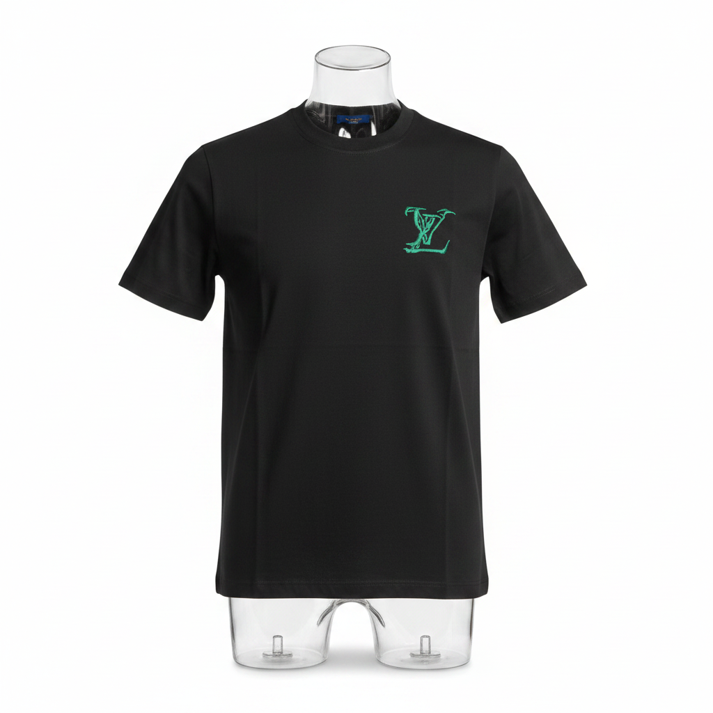 Ghost mannequin front view of black teal embroidered monogram T-shirt