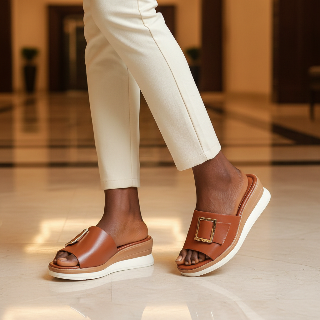 Nigerian female model wearing tan leather gold buckle platform heel mule shoes, tight zoomed-in chic luxury leg focus lifestyle shot