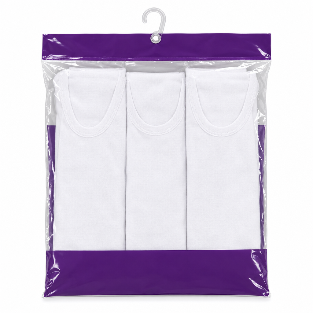 3-Pack White Cotton Men's Vest Singlets 180g – Pack Shot