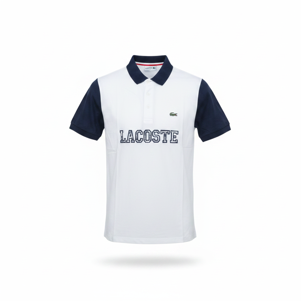 White and navy two-tone polo shirt with contrast sleeves and varsity chest embroidery ghost mannequin front view on white background