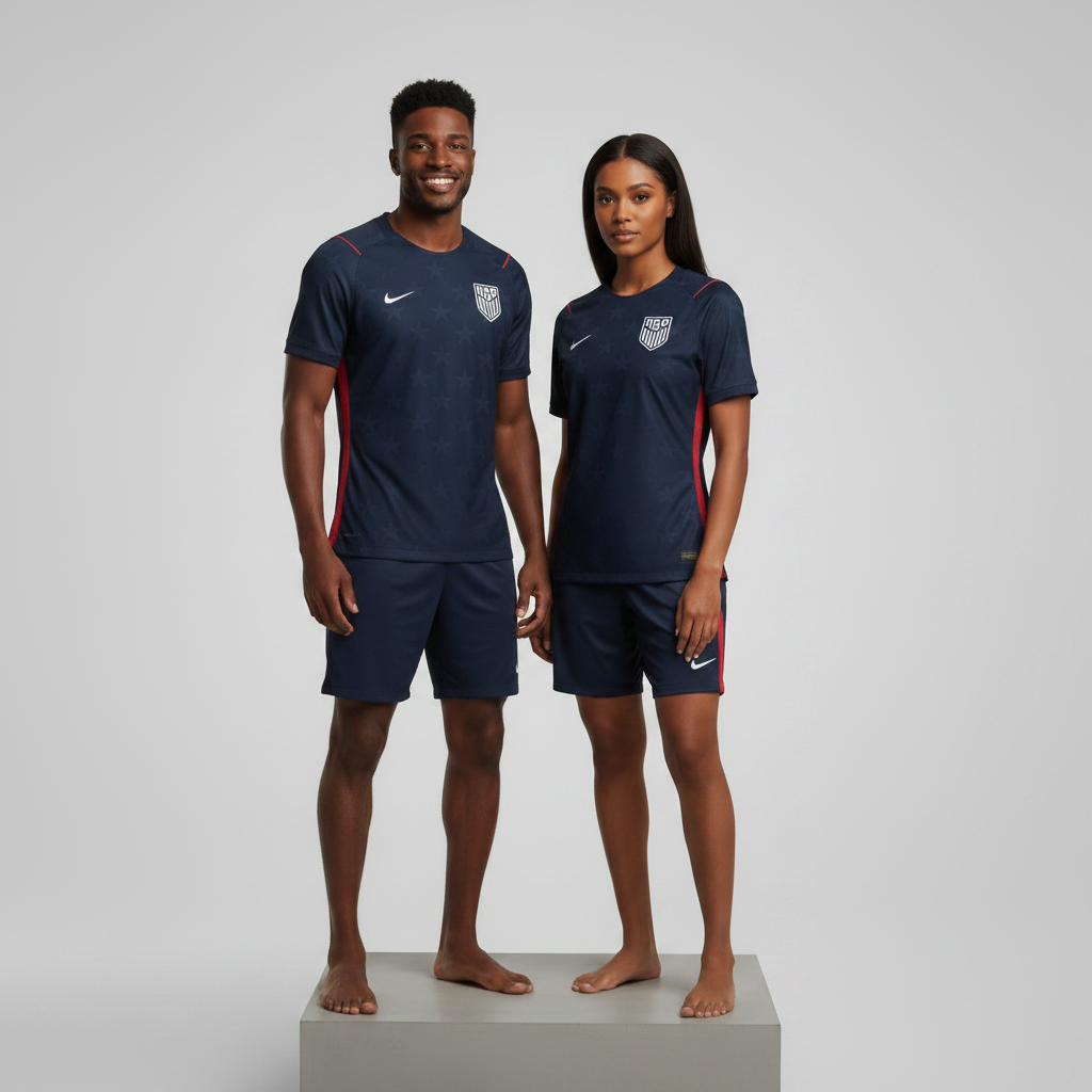 Nigerian male and female models wearing the Unisex Navy Red Away Football Jersey side by side