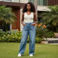 Nigerian female model wearing women's baggy wide-leg denim jeans