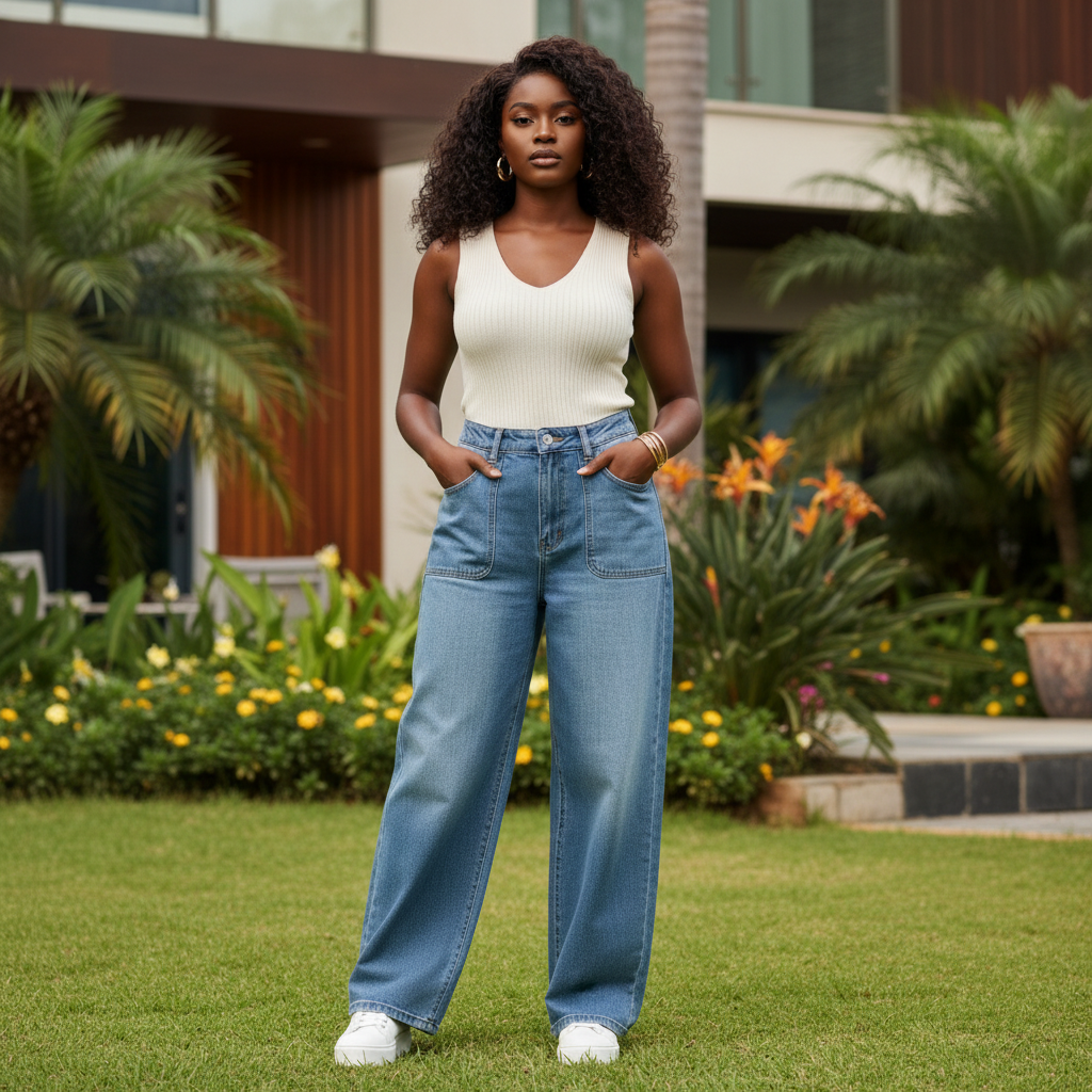Nigerian female model wearing women's baggy wide-leg denim jeans