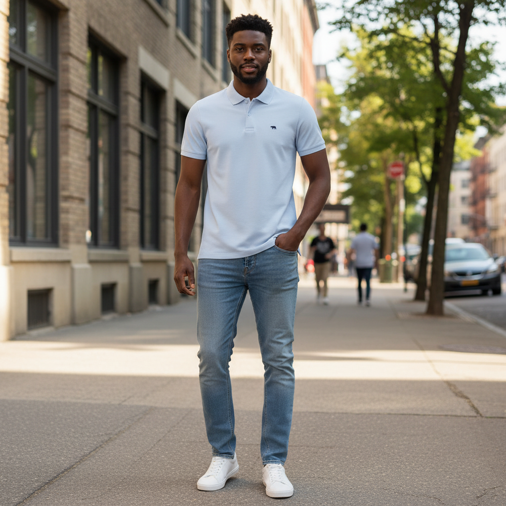 Young Nigerian male model wearing ice blue polo with navy bear logo