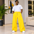 Yellow Wide-Leg Jogger Trousers Metal Toggle Clasp – Model Shot