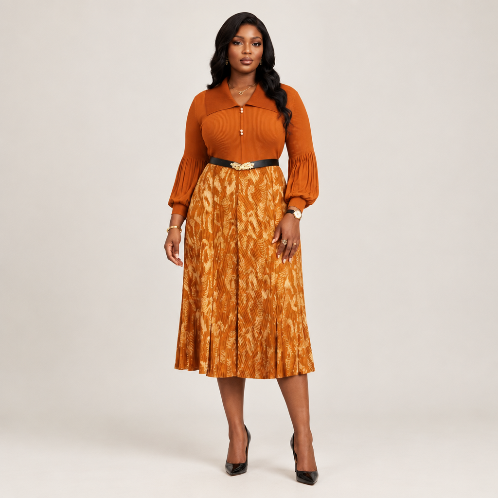Black Nigerian model wearing a burnt-orange midi gown with a gold-toned patterned skirt and puff sleeves