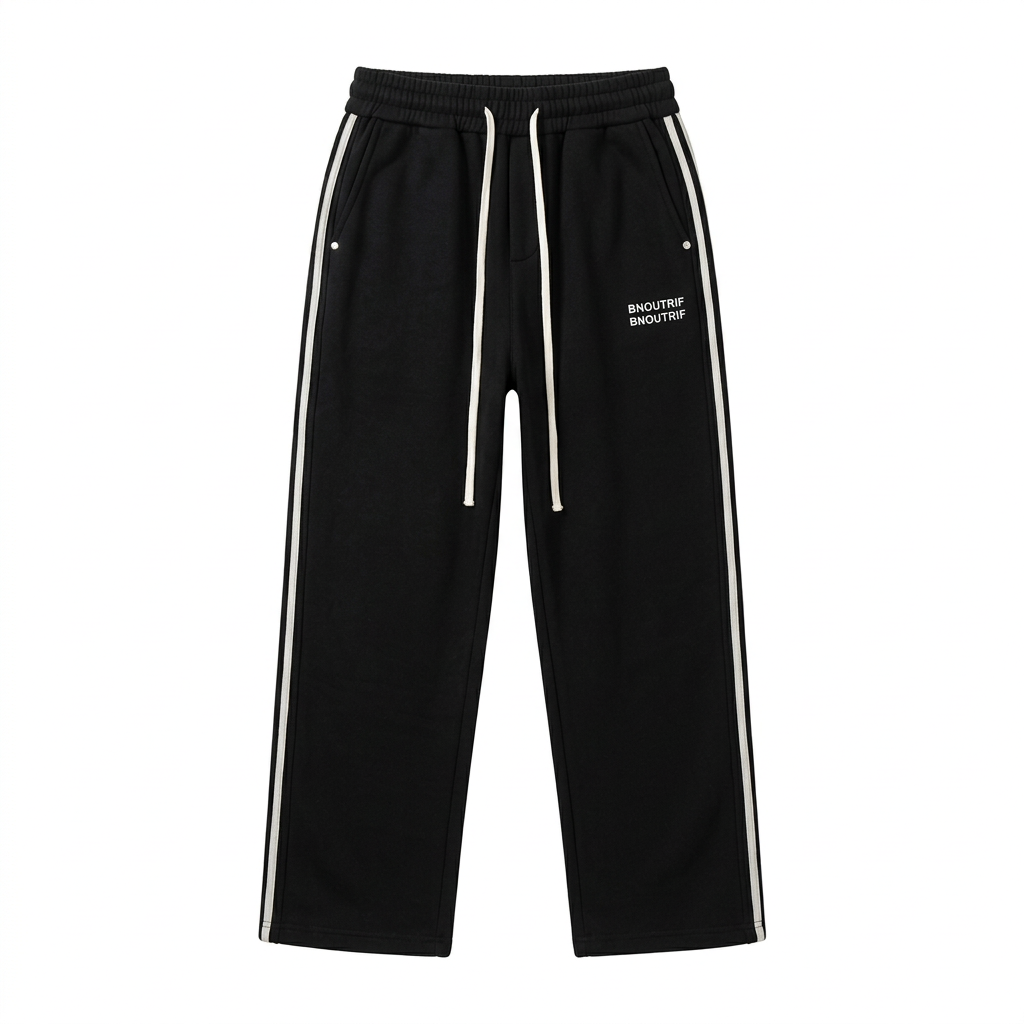 Black joggers with white side stripes and drawstrings, generated ghost mannequin view