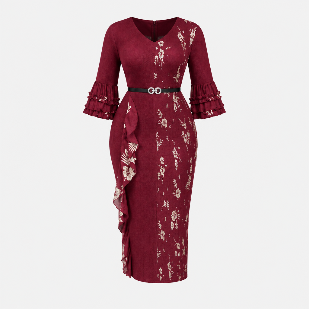 Ghost mannequin view of a burgundy floral dress with ruffle sleeves and a belted waist