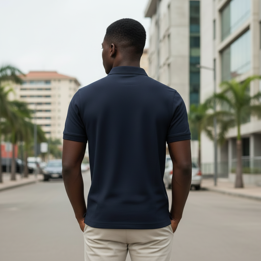 Young Nigerian male model wearing dark navy polo shirt, back view, Nigerian urban background
