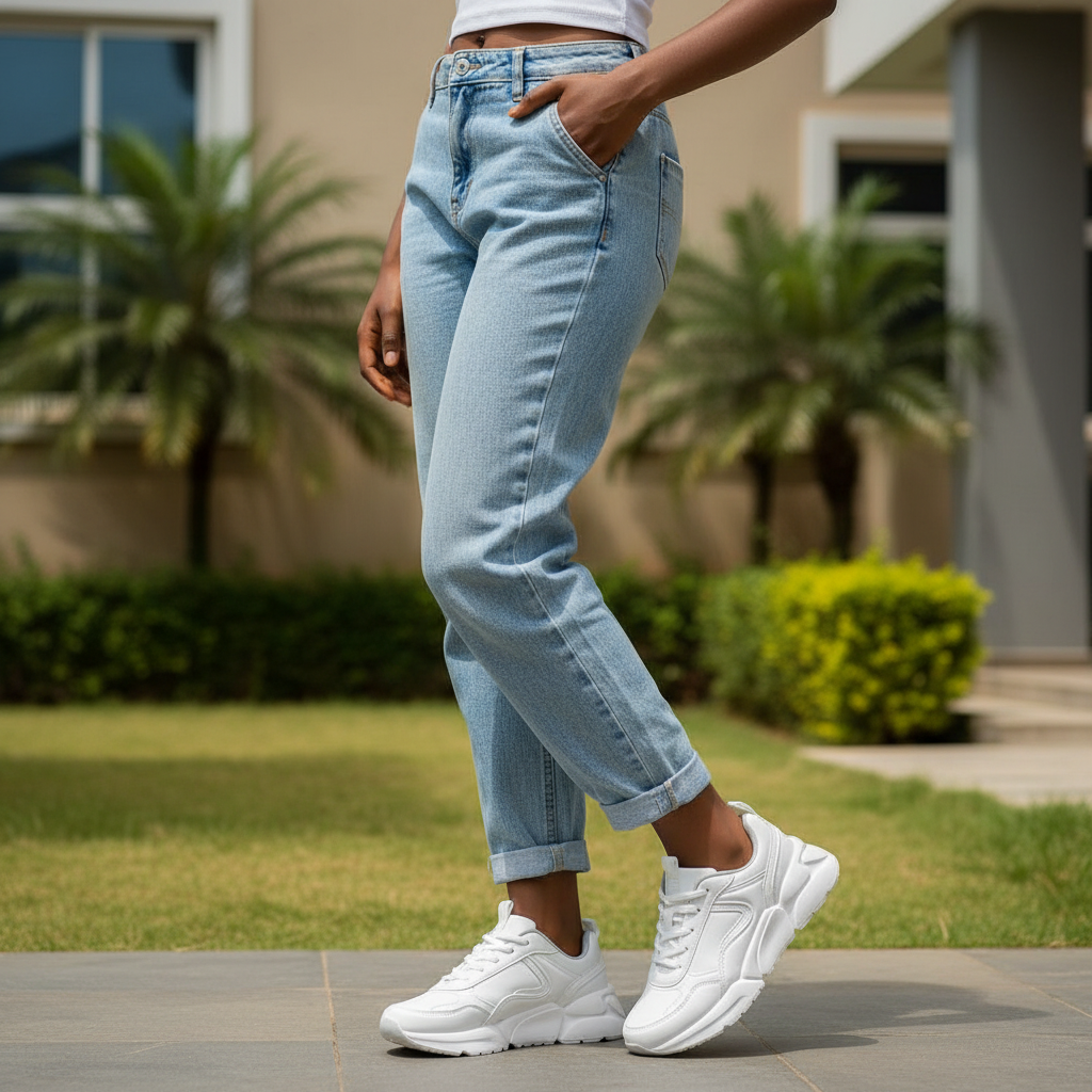 Nigerian female model wearing all-white chunky lace-up sneakers street style