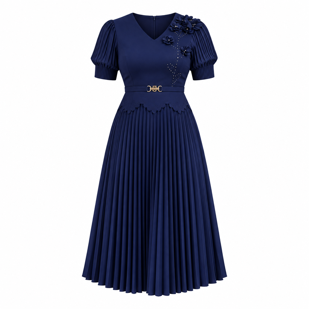 Navy floral-detail pleated dress on white background