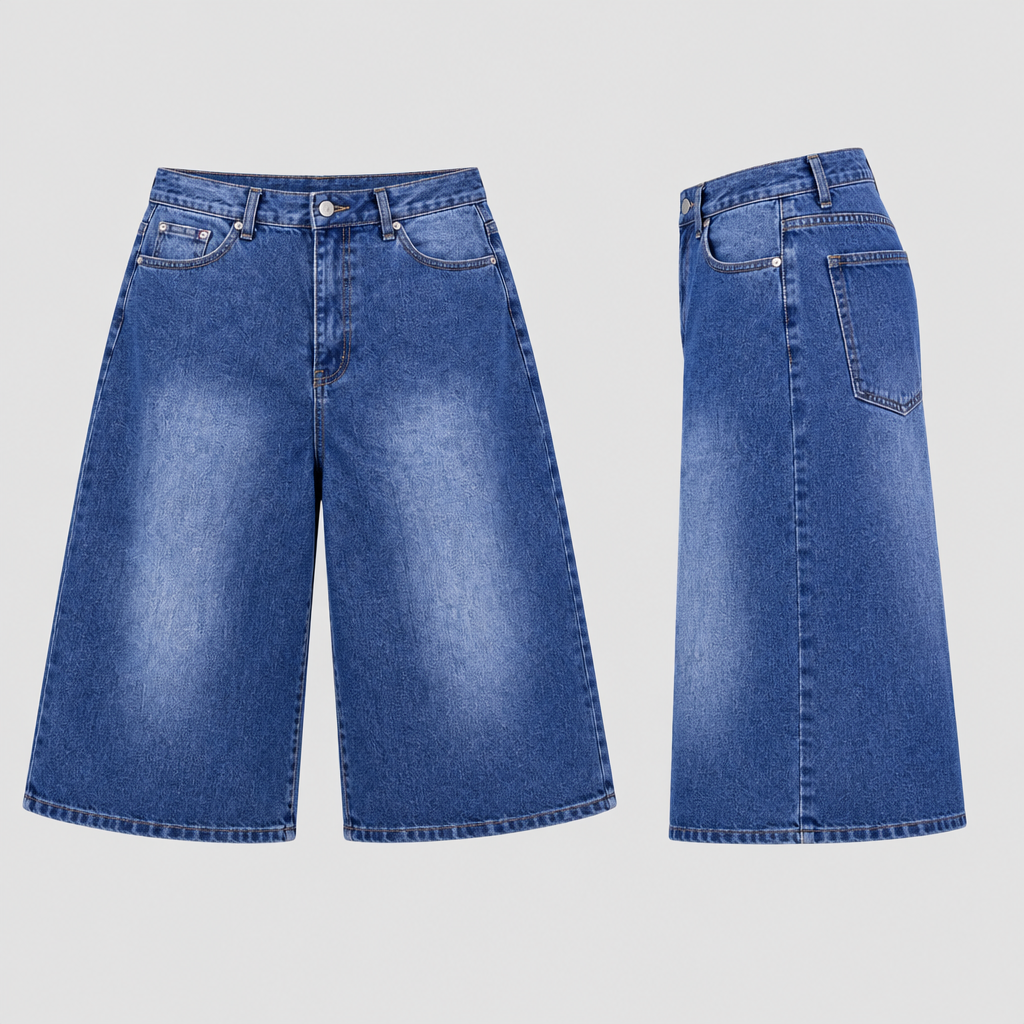 Blue faded denim long shorts front and side mannequin views
