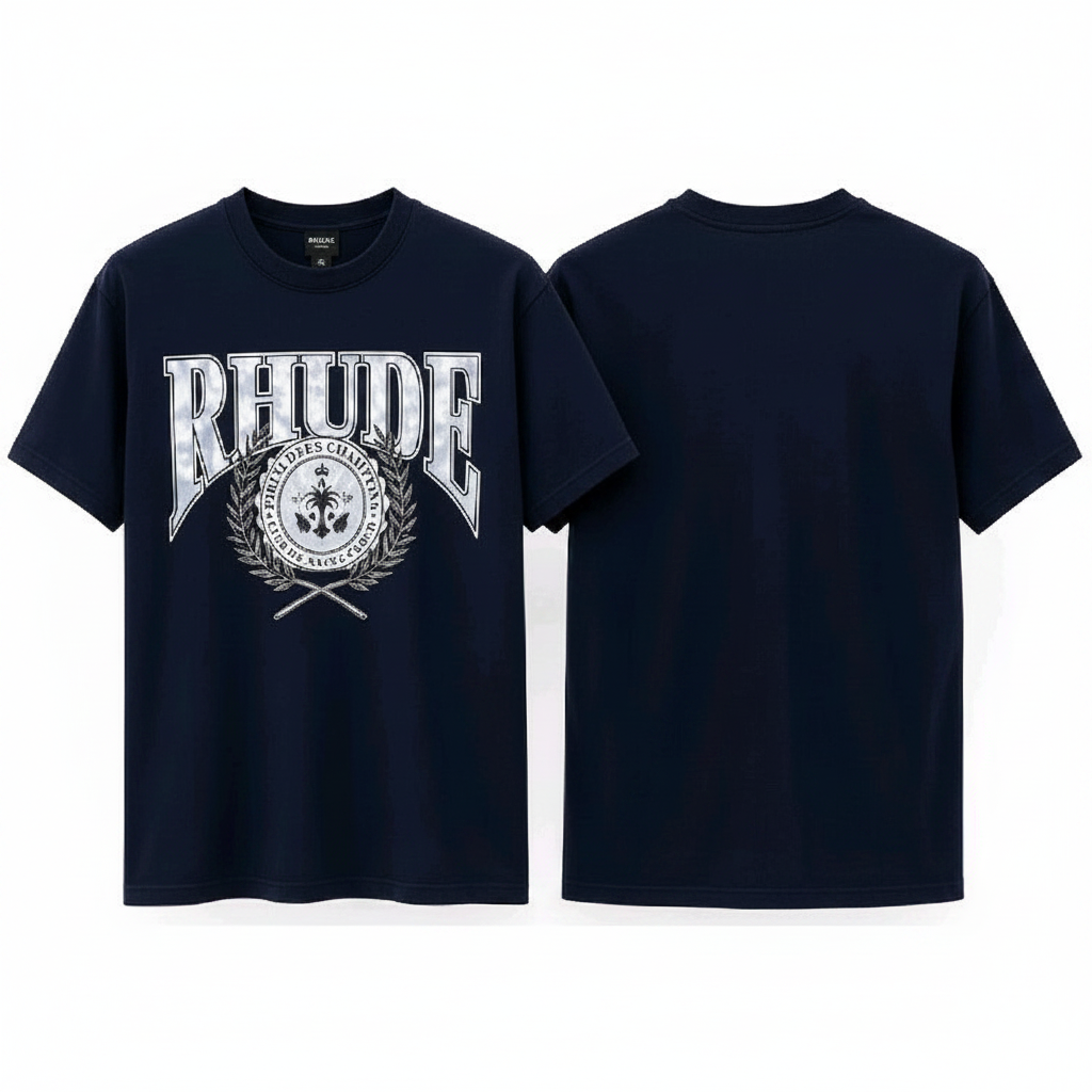 Men's navy blue short-sleeve collegiate crest graphic tee ghost mannequin front and back view