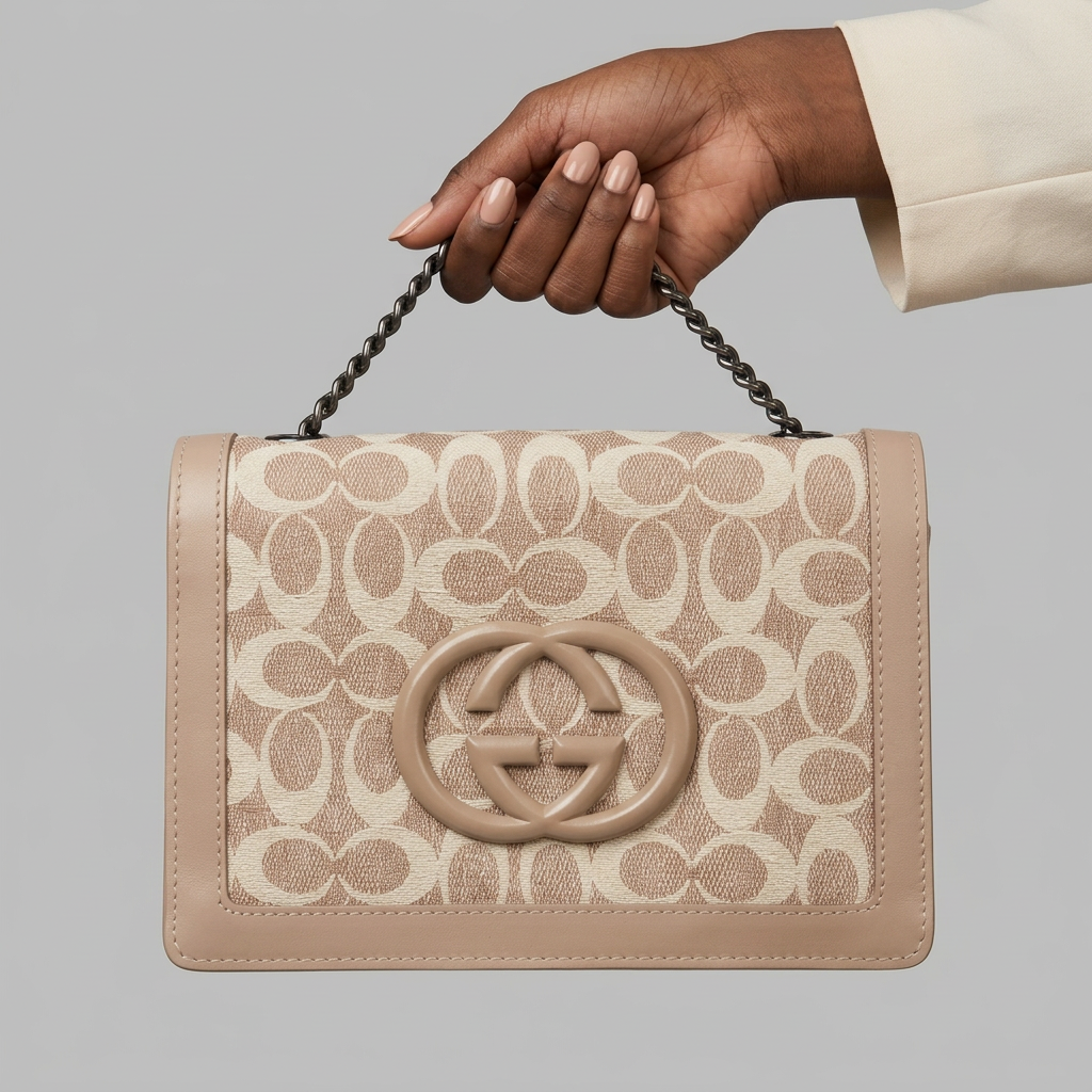 Manicured hand holding taupe patterned bag by its dark chain strap