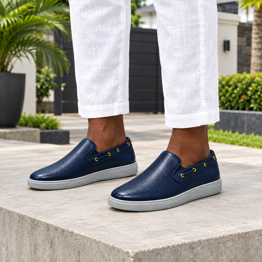 Man wearing navy blue slip-on sneakers with white linen trousers