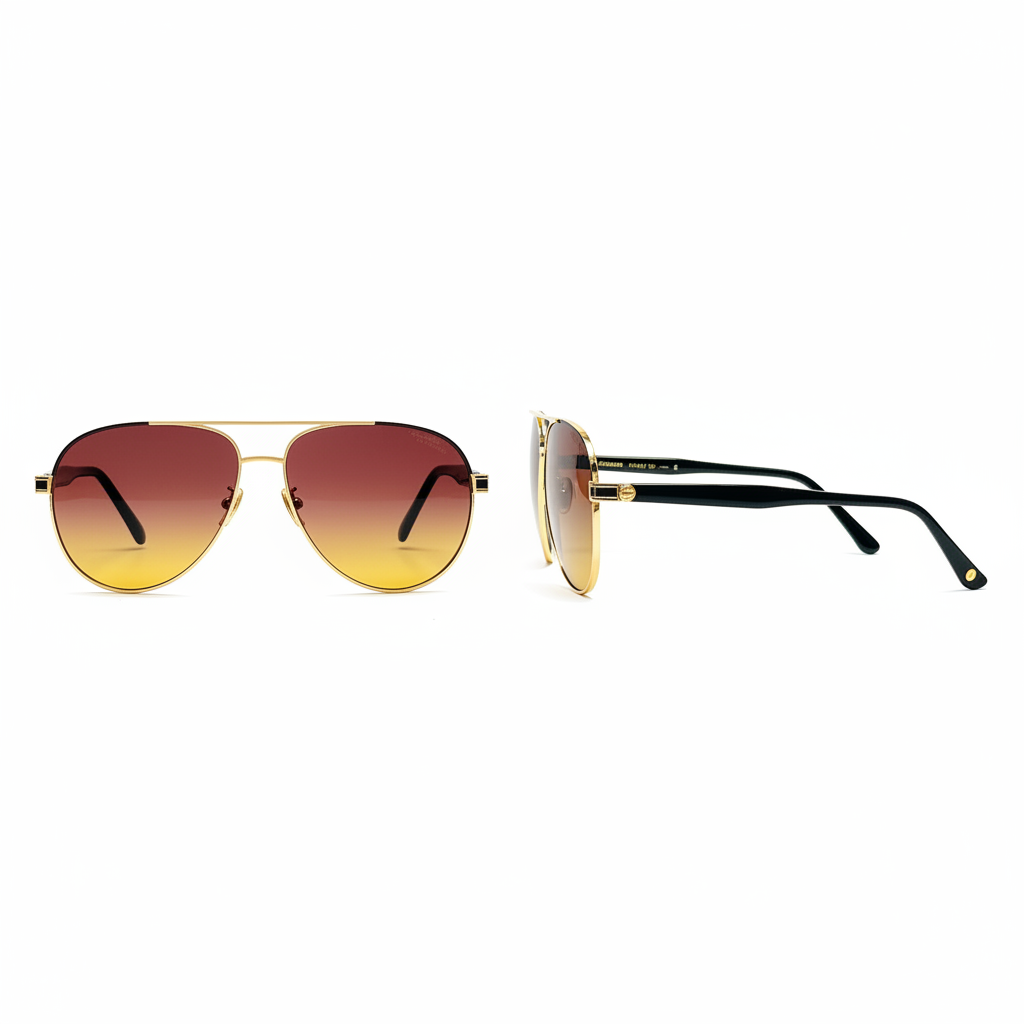Unisex aviator sunglasses gold double-bridge gradient red amber lens black temple – front and side view