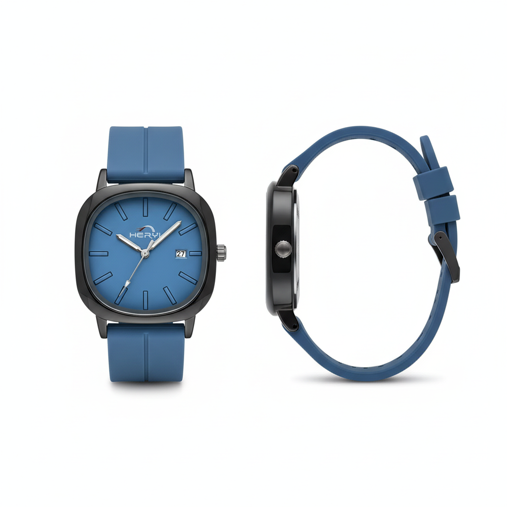 Full blue strap square watch shown from the front and side on a white background