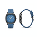 Full blue strap square watch shown from the front and side on a white background