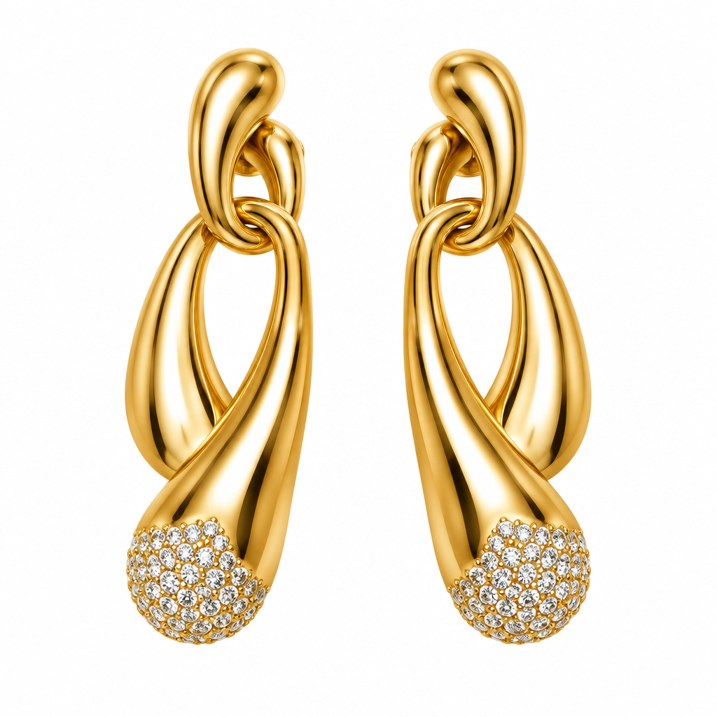 Gold Sculptural Teardrop Crystal Pave Drop Earrings – Catalog Shot