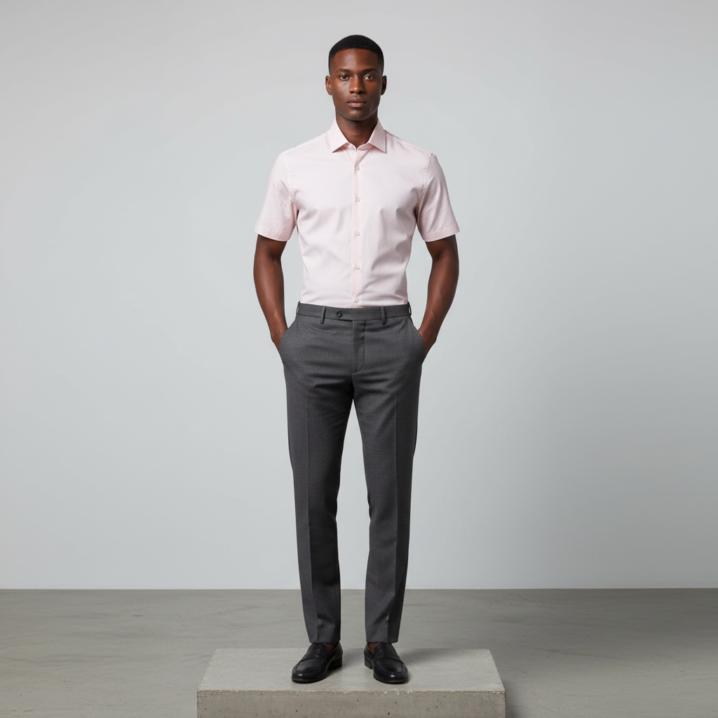 Nigerian male model wearing blush pink short-sleeved shirt, front view