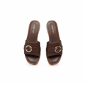 Women's dark brown cross-strap flat slide with gold ring buckle — ghost mannequin pair view