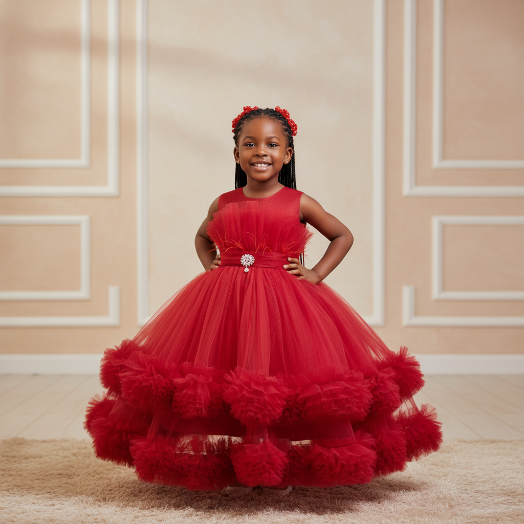 Girls Red Ruffle Tulle Gown - Model Shot