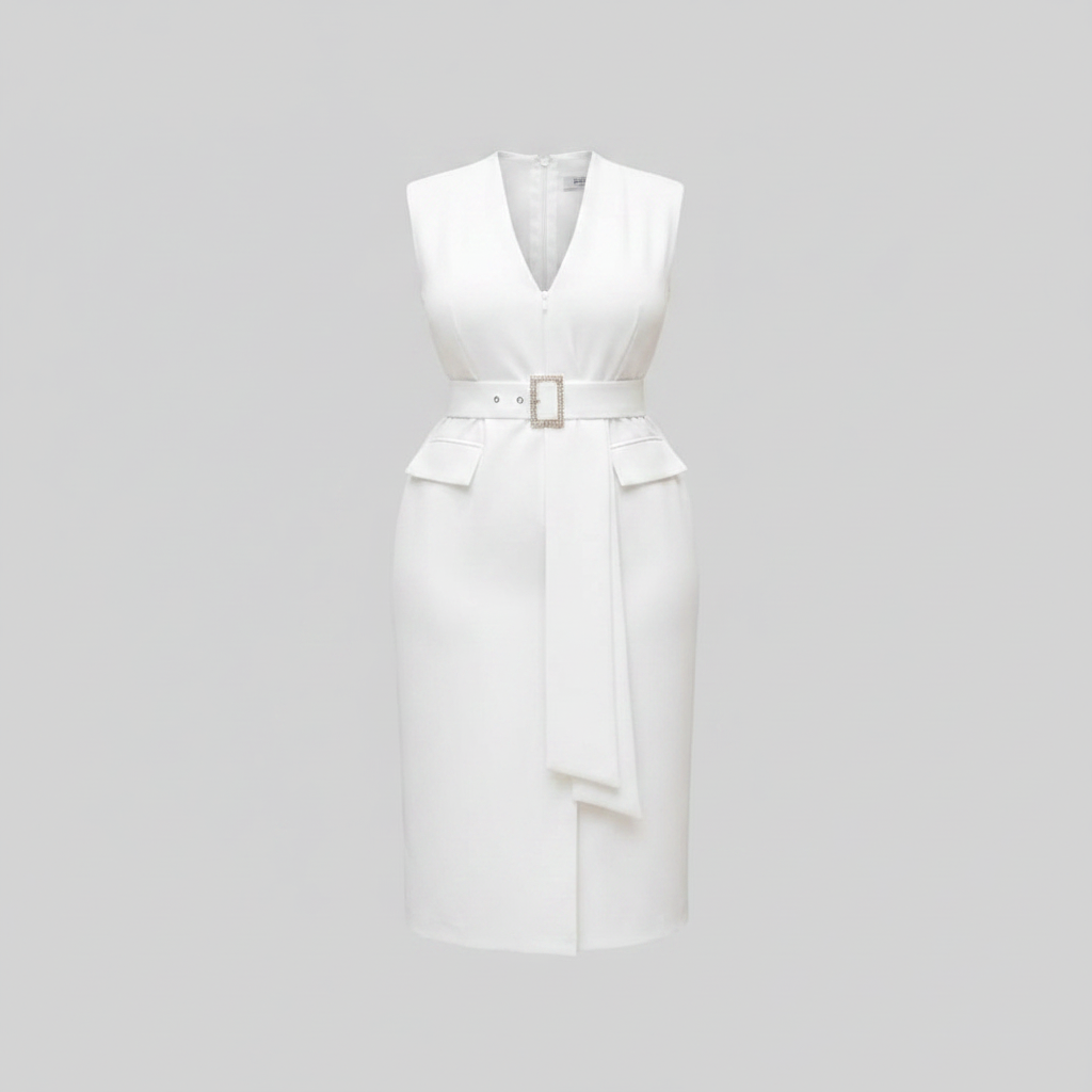 Women's white sleeveless belted midi dress – ghost mannequin view