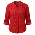Women’s red patterned blouse with chest flap pockets on an invisible mannequin