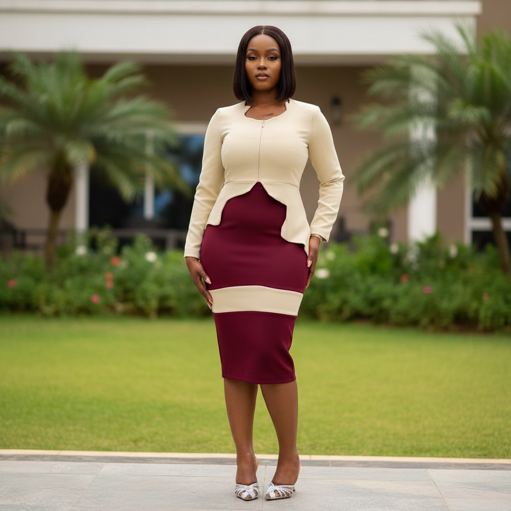 Model Shot – Cream & Burgundy Colour-Block Midi Dress